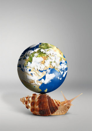 snail with globe on shell on grey