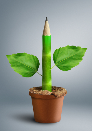 education creative concept, pencil with leaves as stemの写真素材