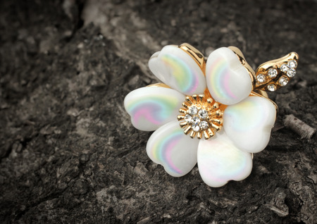 Jewelry ring, flower shape, on barkの写真素材