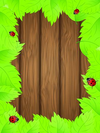 Wooden background with fresh green leaves illustration のイラスト素材
