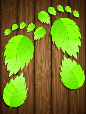 Wooden background with fresh green leaves  Vector illustration のイラスト素材