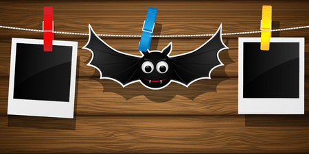 Halloween backdrop with flying bat and blank photo frame. Vector illustration.のイラスト素材
