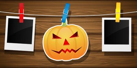 Hallowen background with pumpkin and blank photo frame. Vector illustration.のイラスト素材