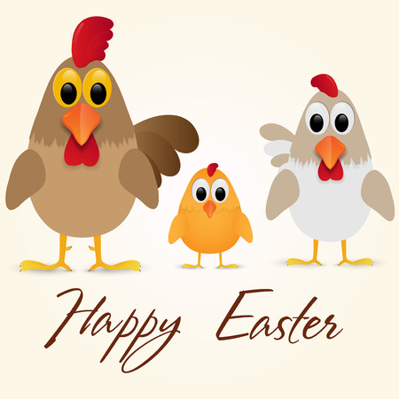 Decorative design of a Happy Easter Greeting Card with chicken family. Vector illustration.のイラスト素材