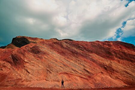 A canyon with a mountain in the backgroundの写真素材