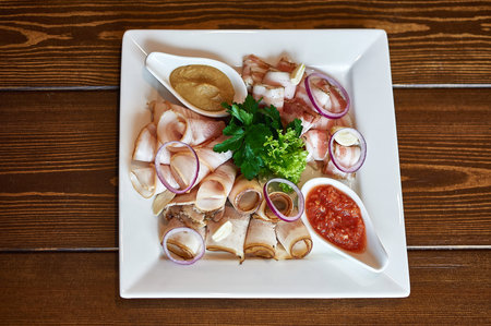 A plate of food on a tableの写真素材