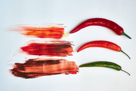 red and green peppers on a white background with paintsの写真素材
