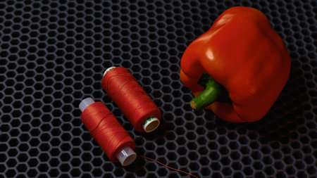 red sewing threads and red bell pepper paprika on a dark background close-up from above . High...