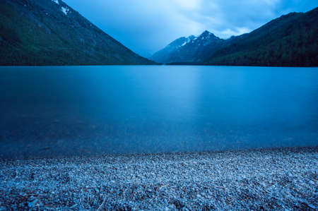 The first Multin Lake in the Altai Mountains. Night photoの写真素材
