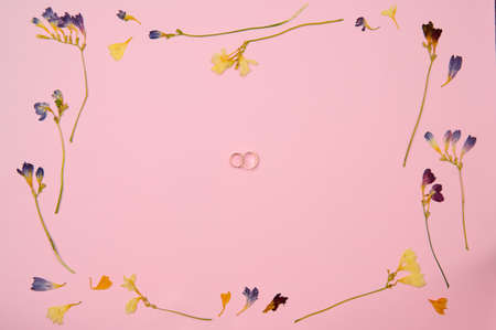 wedding rings on a pink light background with dried flowers for text horizontalの写真素材