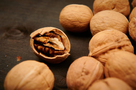 a lot of walnuts close-up top view horizontal photo