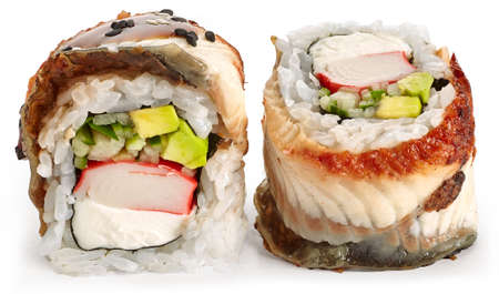 Sushi with smoked eel, shrimp, Philadelphia cheese, cucumber, avocado and sesame with unagi sauce on a white backgroundの写真素材
