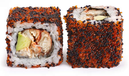 Sushi roll with crab, avocado and masago caviar on a white backgroundの写真素材