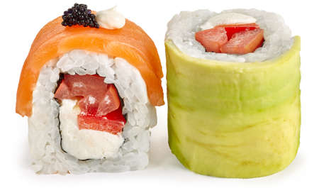 Sushi roll with avocado, salmon, paprika and Philadelphia cheese on a white backgroundの写真素材