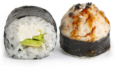 Baked sushi roll with Philadelphia cheese and avocado with sesame and unagi sauce on a white backgroundの写真素材