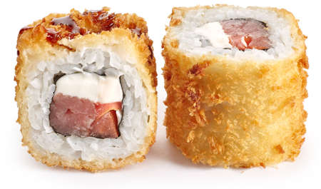 Tempura sushi roll with tuna and cheese Philadelphia on a white backgroundの写真素材