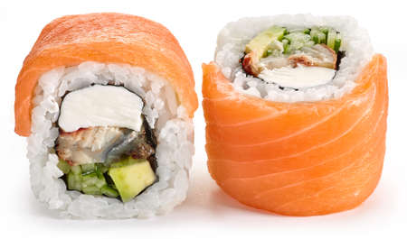 Philadelphia sushi with salmon, eel, cucumber, cheese and avocado on a white backgroundの写真素材