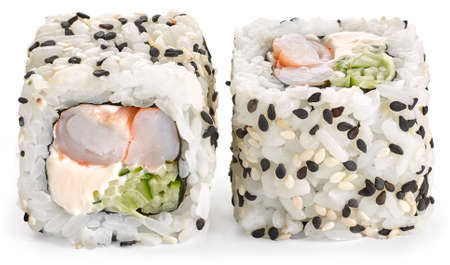 Sushi with shrimp, Philadelphia cheese, cucumber and sesameの写真素材