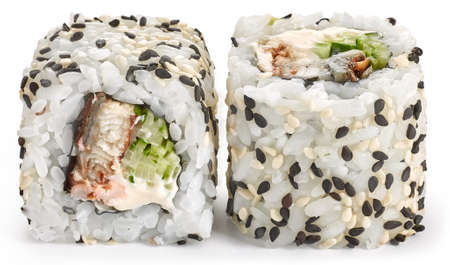 Sushi with eel, Philadelphia cheese, cucumber and sesameの写真素材