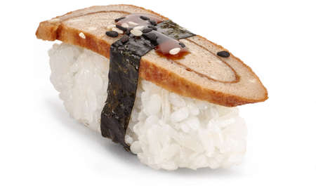 Sushi with Japanese omelet on a white backgroundの写真素材