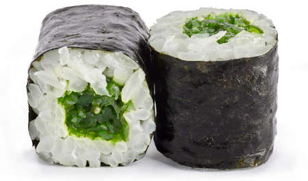 Sushi rolls with Chukka seaweed on a white backgroundの写真素材
