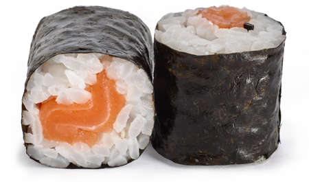 Sushi rolls with salmon on a white backgroundの写真素材