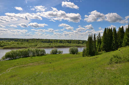 sky clouds forest river Cirrus cloudsの写真素材