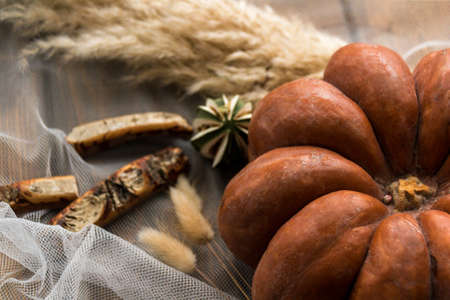 Still life with pumpkin, cloth and dried wheat germ. Composition with light from the window.の写真素材