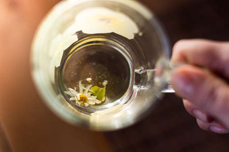 Hand holding a transparent mug of chamomile tea. Useful cough and cold remedy.の写真素材