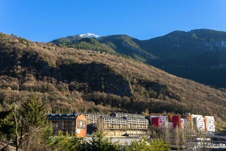 ANDORRA, LA VELLA - FEBRUARY 12, 2019: A group of hotels at the foot of the mountainのeditorial素材