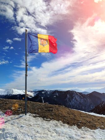 Flag of Andorra on top of a mountainの写真素材