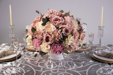 Wooden table setting and decoration for meal timeの写真素材