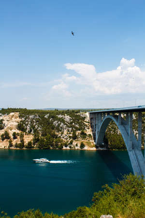 white yacht under maslenica bridge with banks covered with green pine forests and swallow flying in the clouded skyの写真素材