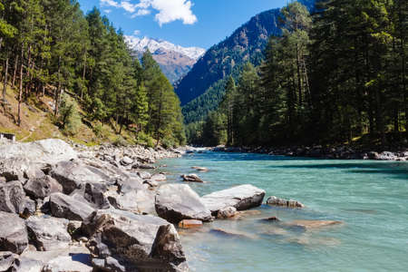 river valley in himalayan mountains covered with forestの写真素材
