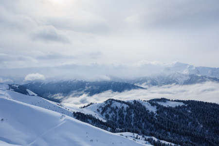 winter mountain landscape with peaks covered with snow and forest in the cloudsの写真素材