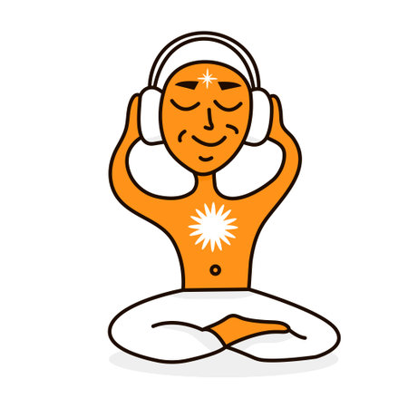 image of a man listening to music, sitting in the lotus position on white backgroundのイラスト素材
