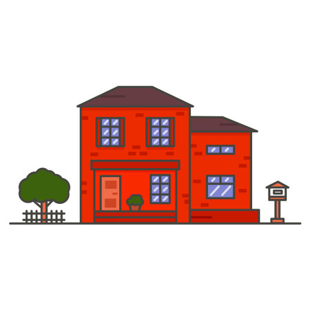 red two-storey brick house on white backgroundのイラスト素材