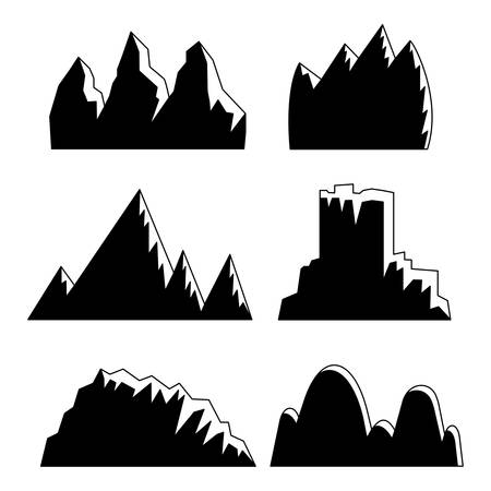 set of 6 black mountains with snowy peaks on white backgroundのイラスト素材