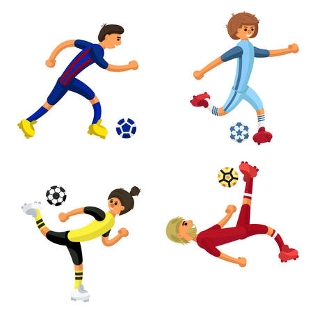 set of four soccer players with a ball on white background のイラスト素材