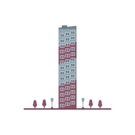 flat high-rise building of 14 floors, surrounded by trees and lanternsのイラスト素材