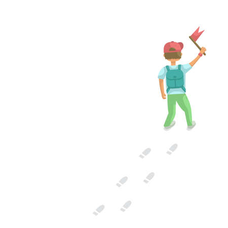 boy with a backpack on his shoulders and a red flag in his hands, back view, footprints on a white backgroundのイラスト素材