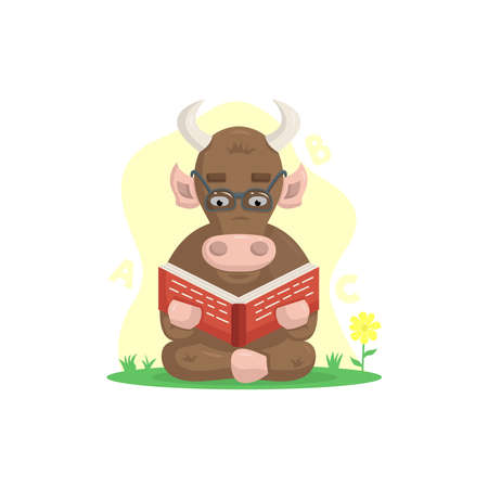 brown bull reading a red book in the meadow on white backgroundのイラスト素材