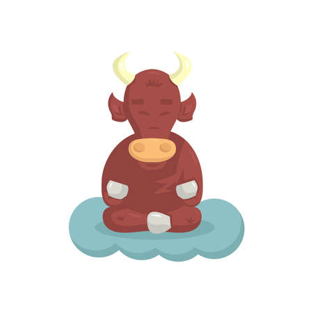 bull meditates sitting on a cloud on white backgroundのイラスト素材