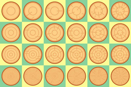 background from a set of tree rings in flat style, located on green-yellow squaresのイラスト素材