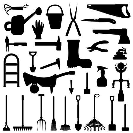 black gardener tools set isolated on white backgroundのイラスト素材