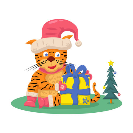 tiger with a gift, the main symbol of 2022, a character in a santa claus hat, vector illustration isolated on white backgroundのイラスト素材