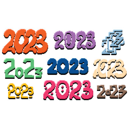 set of colored pixel art inscriptions 2023, 2023 symbol logo, vector illustration on a white backgroundのイラスト素材