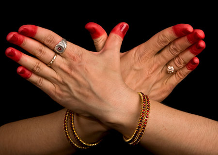 Woman hand showing Garuda hasta (meaning "Eagle") of indian classic dance Bharata Natyamの写真素材