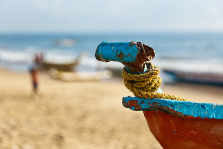Fishermen boats on beach in fishing villageの写真素材
