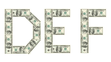 Letters D, E, F made of dollars isolated on white backgroundの写真素材